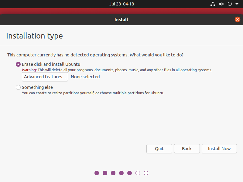 erase disk for ubntu installation