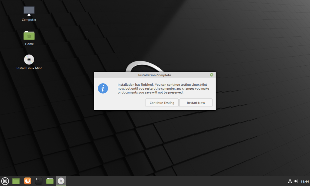 choose restart linux mint to get out of live boot and use linux mitn in virtualbox