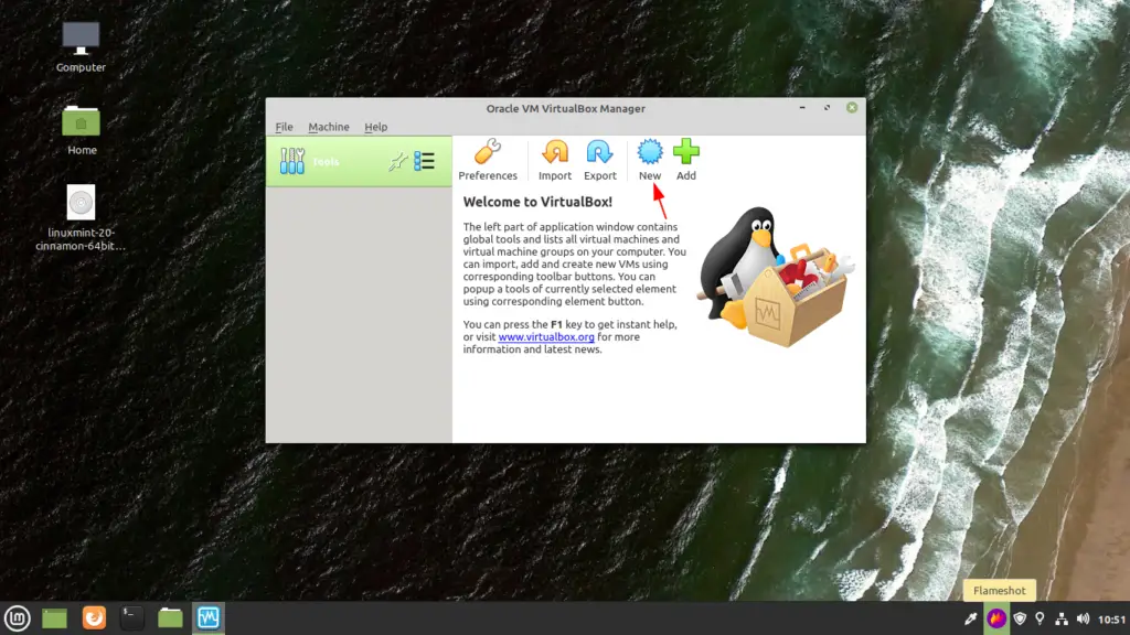 Click on the new button on virtualbox for setting up linux mint 20