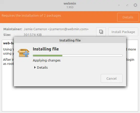 webmin installation on linux mint 20 begins