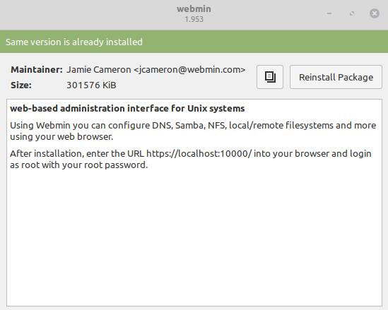 webmin installation completed on linux mint 20