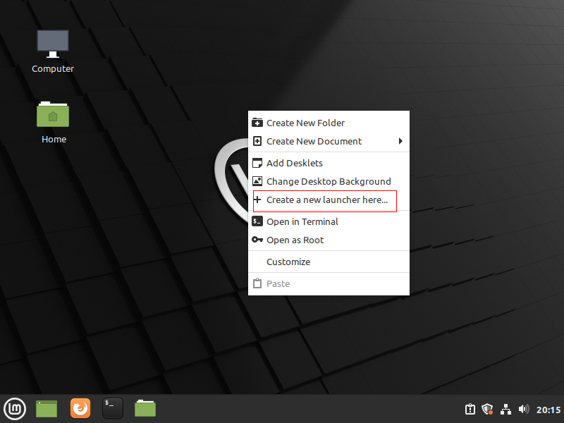 go to the linux desktop, right click and select Create a new launcher here. 