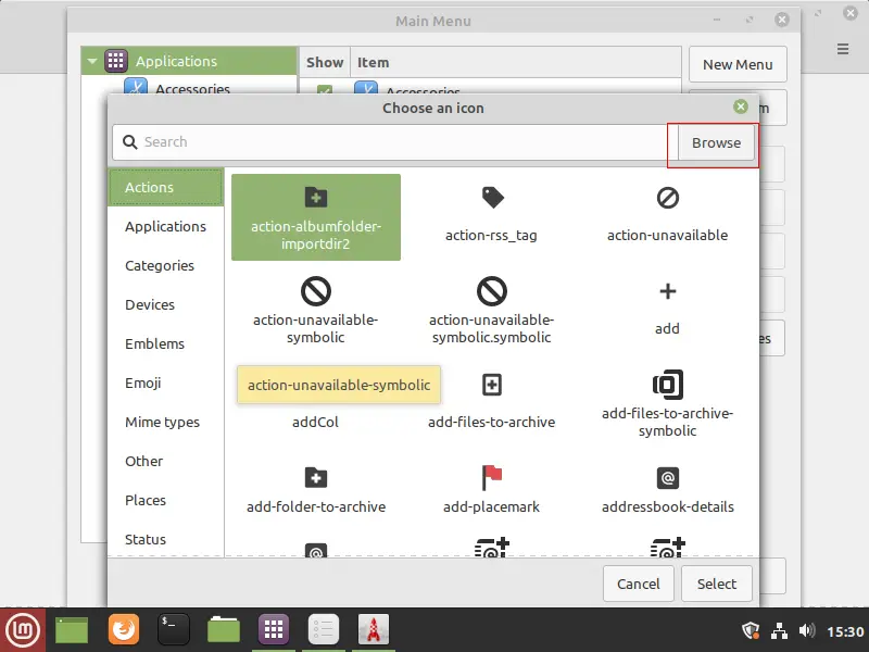 browse icons for your application launcher in linux mint menu.