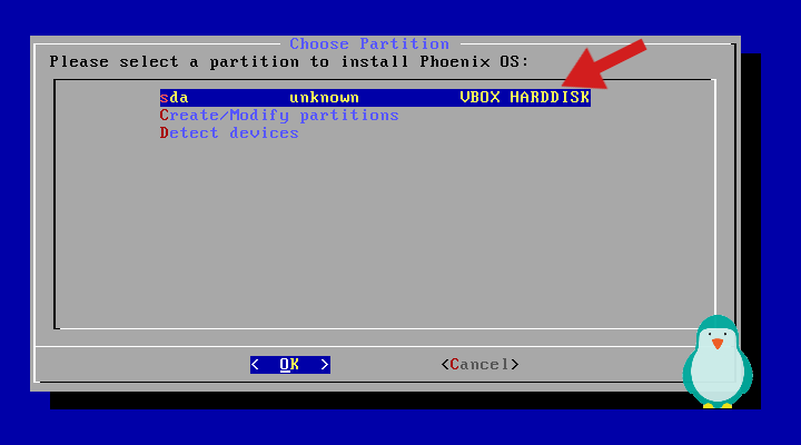 choose a disk to install phoenix os on