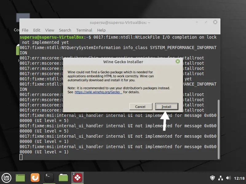 click install button to install wine on linux mint 20