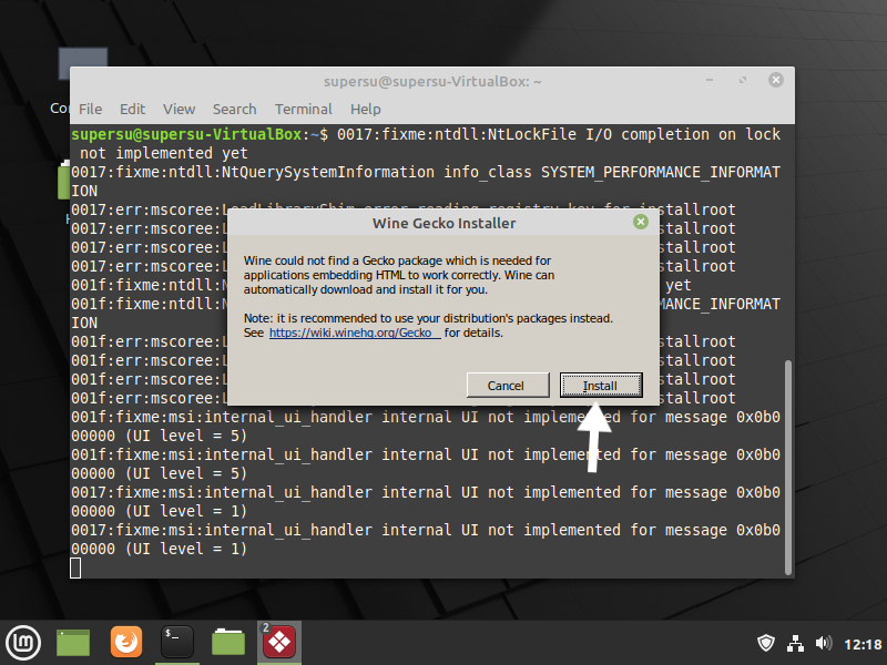 click install button to install wine on linux mint 20