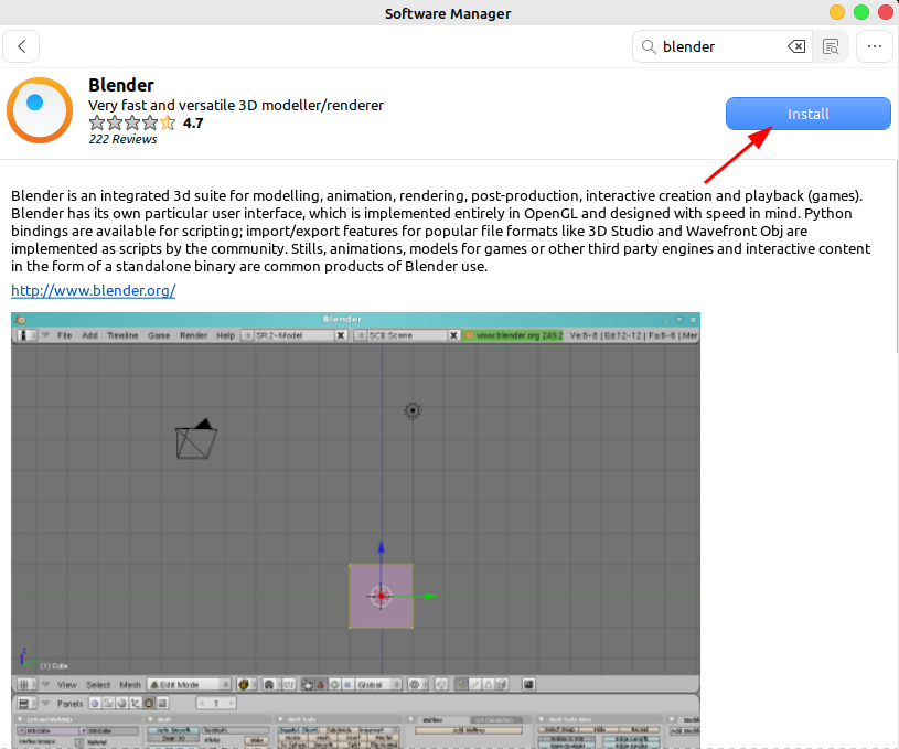 click on install button to install blender