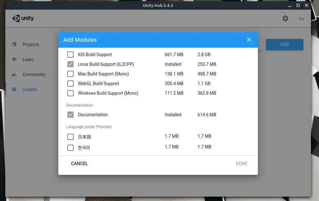 select modules to install