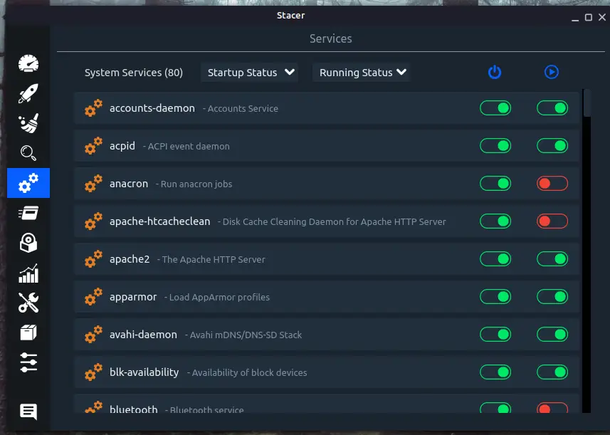 manage services with stacer on linux