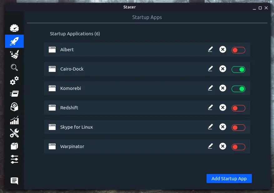 manager startup apps with stacer on linux
