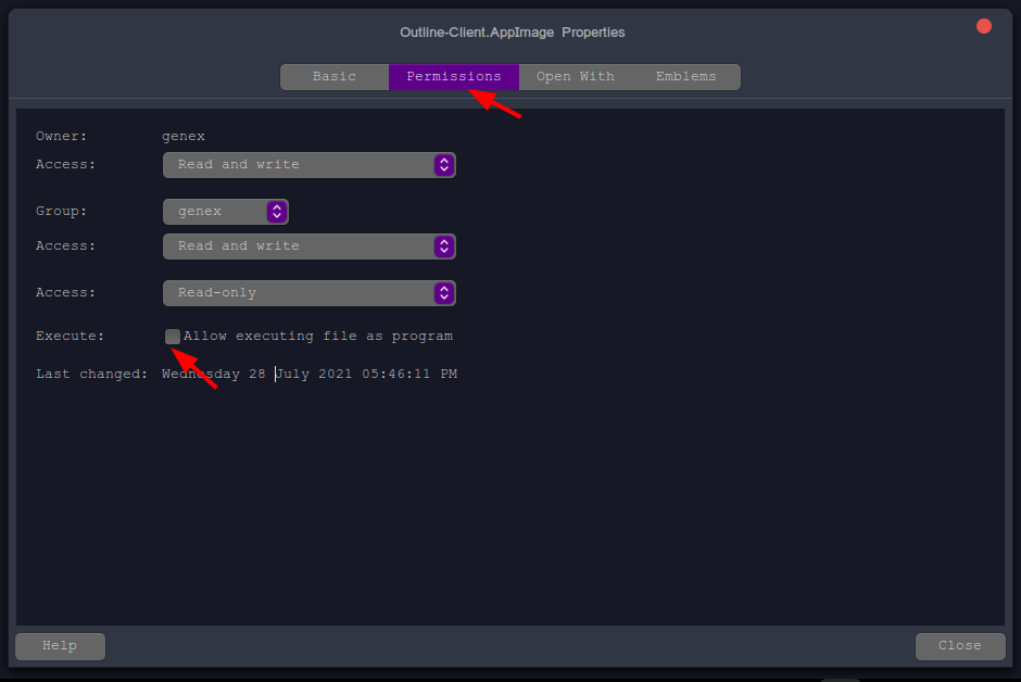 mark outline as executable